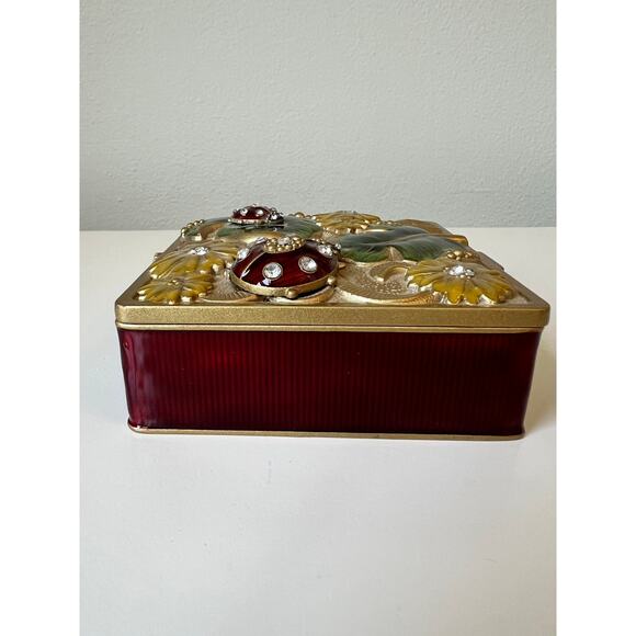 Goldtone Ladybug Bejeweled Trinket Box /Jewelry Box  4”X4”  3D Ladybugs & Leaves - Picture 8 of 13